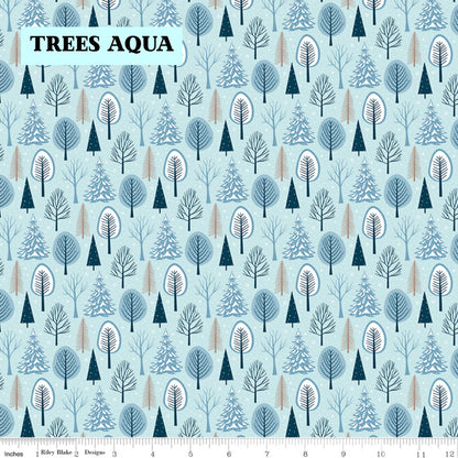 Winter Magic by Dani Mogstad for Riley Blake Designs image features Trees aqua featuring tiny pine trees dusted with snow. The collection is a cozy, charming fabric line featuring arctic animals, snowy forests, and delicate florals in a palette of navy, aqua, blue, white, and warm tea-dye brown. The collection includes prints of snowflakes, sweaters, and trees, centered around a "everything is magical when it snows" panel