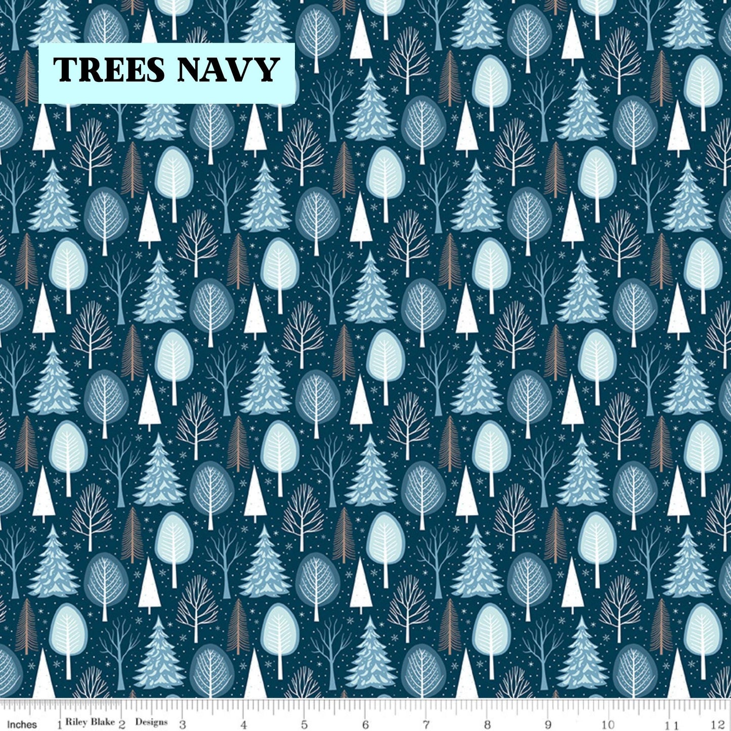 Winter Magic by Dani Mogstad for Riley Blake Designs image features Trees navy featuring tiny pine trees dusted with snow. The collection is a cozy, charming fabric line featuring arctic animals, snowy forests, and delicate florals in a palette of navy, aqua, blue, white, and warm tea-dye brown. The collection includes prints of snowflakes, sweaters, and trees, centered around a "everything is magical when it snows" panel