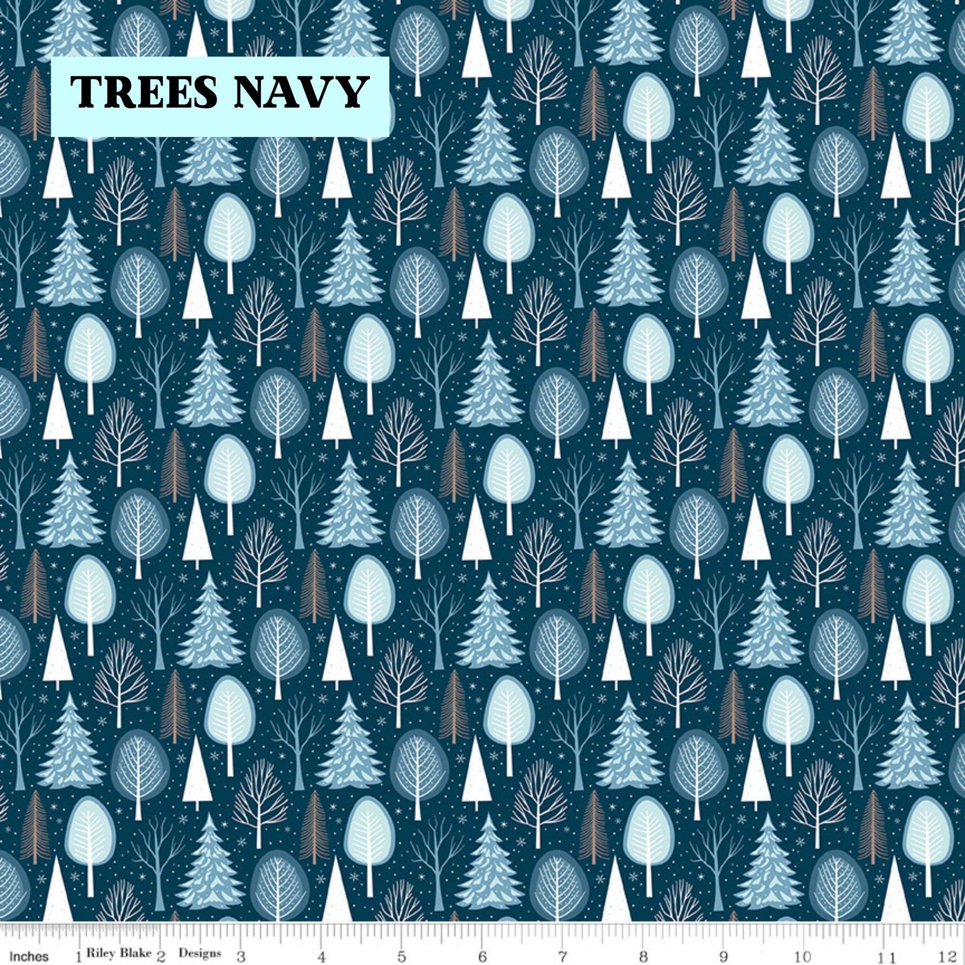 Winter Magic by Dani Mogstad for Riley Blake Designs image features Trees navy featuring tiny pine trees dusted with snow. The collection is a cozy, charming fabric line featuring arctic animals, snowy forests, and delicate florals in a palette of navy, aqua, blue, white, and warm tea-dye brown. The collection includes prints of snowflakes, sweaters, and trees, centered around a "everything is magical when it snows" panel