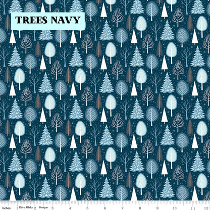 Winter Magic by Dani Mogstad for Riley Blake Designs image features Trees navy featuring tiny pine trees dusted with snow. The collection is a cozy, charming fabric line featuring arctic animals, snowy forests, and delicate florals in a palette of navy, aqua, blue, white, and warm tea-dye brown. The collection includes prints of snowflakes, sweaters, and trees, centered around a "everything is magical when it snows" panel
