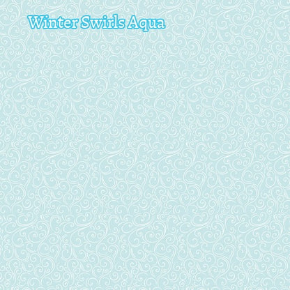 Winter Magic by Dani Mogstad for Riley Blake Designs image features winter swirls aqua a whimsical swirling, wind-like patterns  available in aqua white  and navy. The collection is a cozy, charming fabric line featuring arctic animals, snowy forests, and delicate florals in a palette of navy, aqua, blue, white, and warm tea-dye brown. The collection includes prints of snowflakes, sweaters, and trees, centered around a "everything is magical when it snows" panel