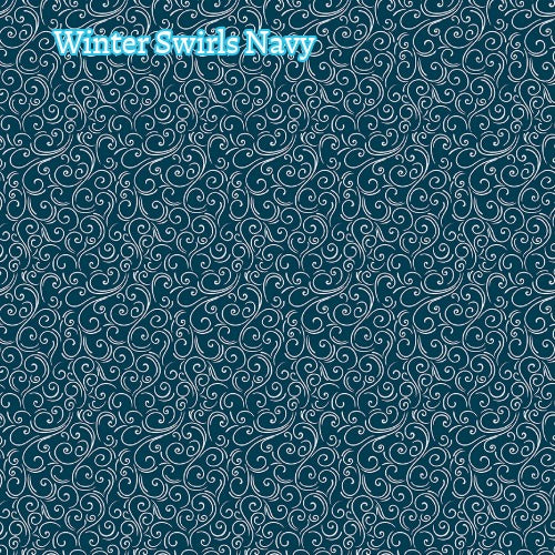 Winter Magic by Dani Mogstad for Riley Blake Designs image features winter swirls navy a whimsical swirling, wind-like patterns  available in aqua white and navy. The collection is a cozy, charming fabric line featuring arctic animals, snowy forests, and delicate florals in a palette of navy, aqua, blue, white, and warm tea-dye brown. The collection includes prints of snowflakes, sweaters, and trees, centered around a "everything is magical when it snows" panel