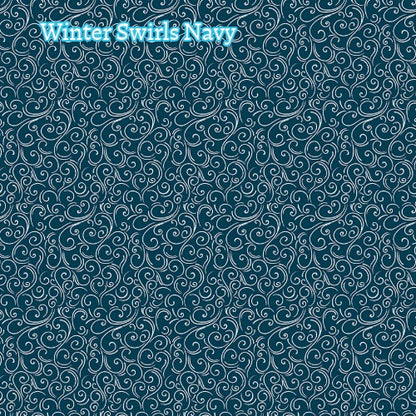 Winter Magic by Dani Mogstad for Riley Blake Designs image features winter swirls navy a whimsical swirling, wind-like patterns  available in aqua white and navy. The collection is a cozy, charming fabric line featuring arctic animals, snowy forests, and delicate florals in a palette of navy, aqua, blue, white, and warm tea-dye brown. The collection includes prints of snowflakes, sweaters, and trees, centered around a "everything is magical when it snows" panel
