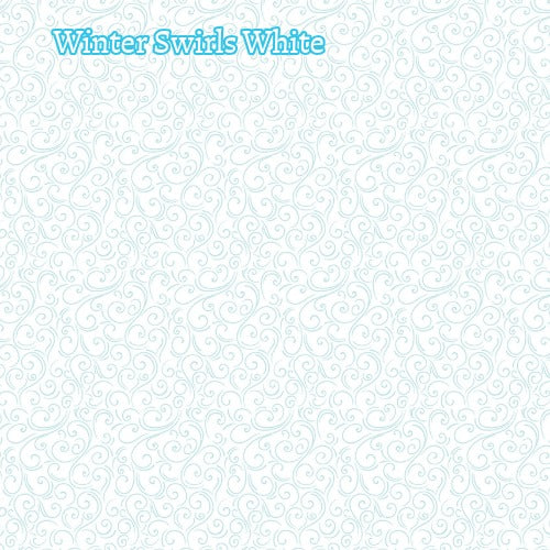 Winter Magic by Dani Mogstad for Riley Blake Designs image features winter swirls white a whimsical swirling, wind-like patterns  available in aqua white and navy. The collection is a cozy, charming fabric line featuring arctic animals, snowy forests, and delicate florals in a palette of navy, aqua, blue, white, and warm tea-dye brown. The collection includes prints of snowflakes, sweaters, and trees, centered around a "everything is magical when it snows" panel