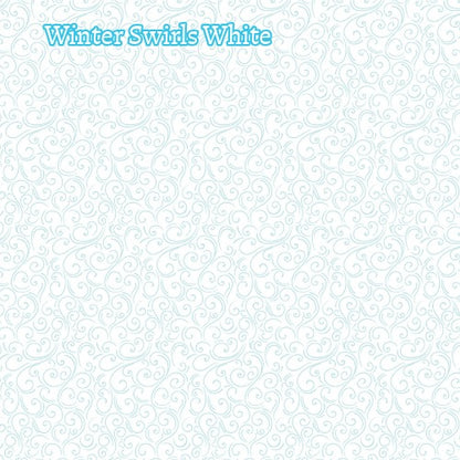 Winter Magic by Dani Mogstad for Riley Blake Designs image features winter swirls white a whimsical swirling, wind-like patterns  available in aqua white and navy. The collection is a cozy, charming fabric line featuring arctic animals, snowy forests, and delicate florals in a palette of navy, aqua, blue, white, and warm tea-dye brown. The collection includes prints of snowflakes, sweaters, and trees, centered around a "everything is magical when it snows" panel