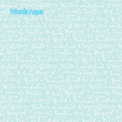 Winter Magic by Dani Mogstad for Riley Blake Designs image features words aqua a pattern with wintery themed words written throughout. The collection is a cozy, charming fabric line featuring arctic animals, snowy forests, and delicate florals in a palette of navy, aqua, blue, white, and warm tea-dye brown. The collection includes prints of snowflakes, sweaters, and trees, centered around a "everything is magical when it snows" panel